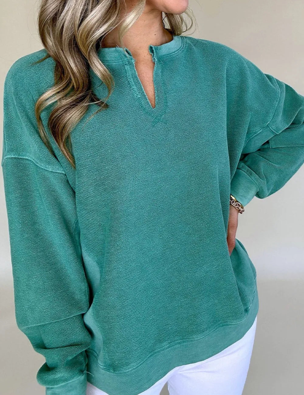 Deep Teal Notched Drop Shoulder Long Sleeve Sweatshirt | Sweatshirts Daverri Fashions
