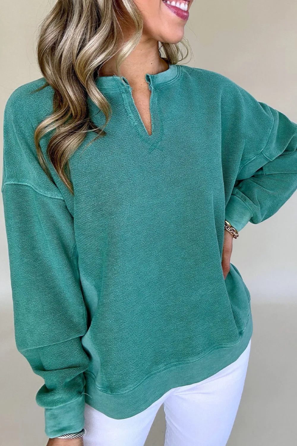 Deep Teal Notched Drop Shoulder Long Sleeve Sweatshirt | Sweatshirts Daverri Fashions