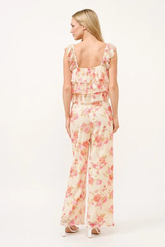 And The Why Tiered Ruffled Floral Fishnet Top