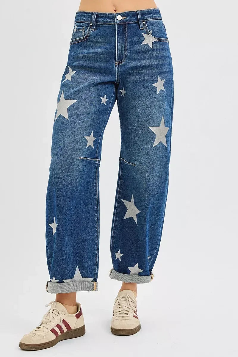 RISEN Mid Rise Ankle Length Relaxed Barrel Star Printed Jeans - DAVERRI FASHIONS