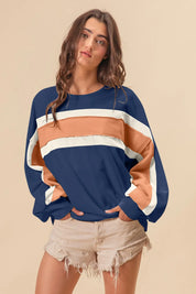 BiBi French Terry Color Block Cut Edge Detail Sweatshirt | Daverri Fashions
