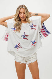 BiBi American Flag Sequin Star Fringe Top | Tops Daverri Fashions