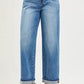 High-waisted blue RISEN boyfriend jeans with drawstring waistband and rolled cuffs