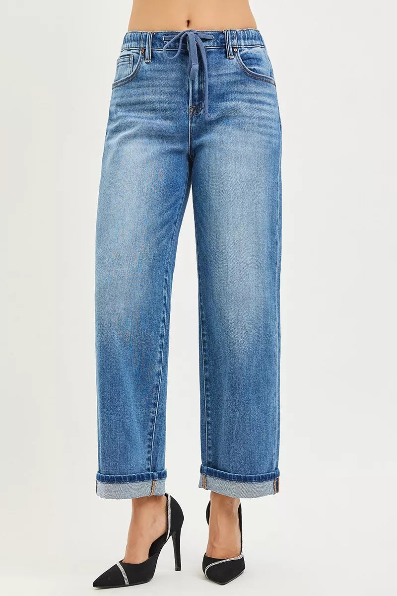 High-waisted blue RISEN boyfriend jeans with drawstring waistband and rolled cuffs