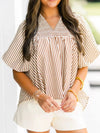 Striped V-Neck Puff Sleeve Blouse in beige and brown vertical stripes