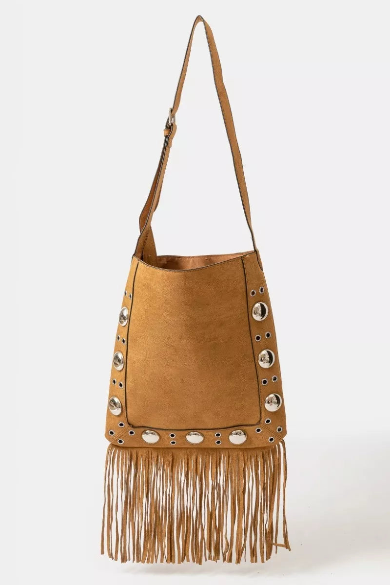 Faux Suede Grommet Accent Fringe Tote Bag Light Brown | Handbags Daverri Fashions