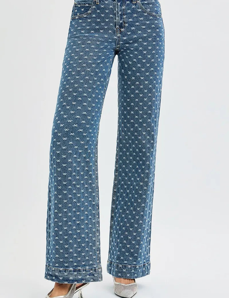 DARK RISEN High Rise Wide Leg Bow Embroidered Jeans | Daverri Fashions