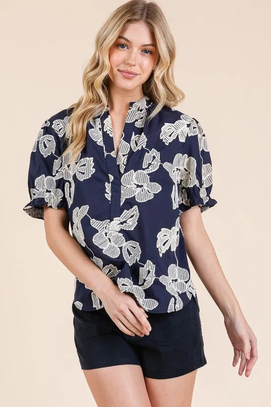 Lime 'N' Chili Embroidered Split Neck Puff Sleeve Blouse NAVY IVORY