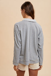 Annie Wear Striped Button Detail Long Sleeve Polo Top Tops