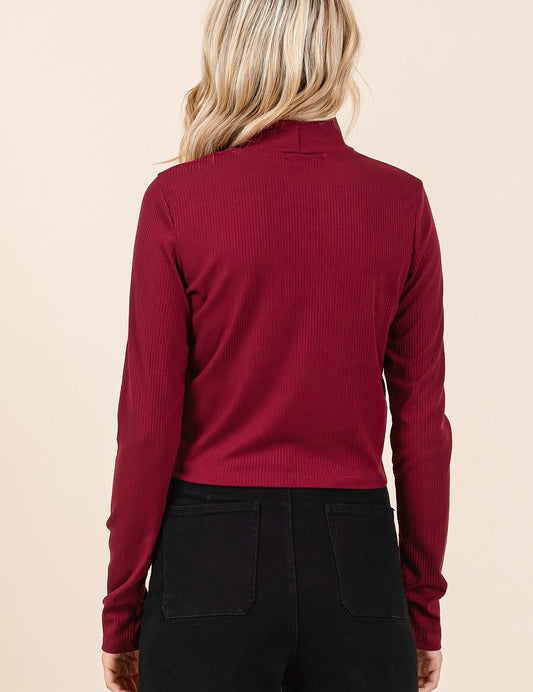 Mittoshop Mock Neck Rib Knit Long Sleeve Crop Top