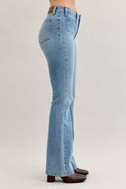 Light blue Judy Blue mid-rise bootcut jeans with brown leather boots