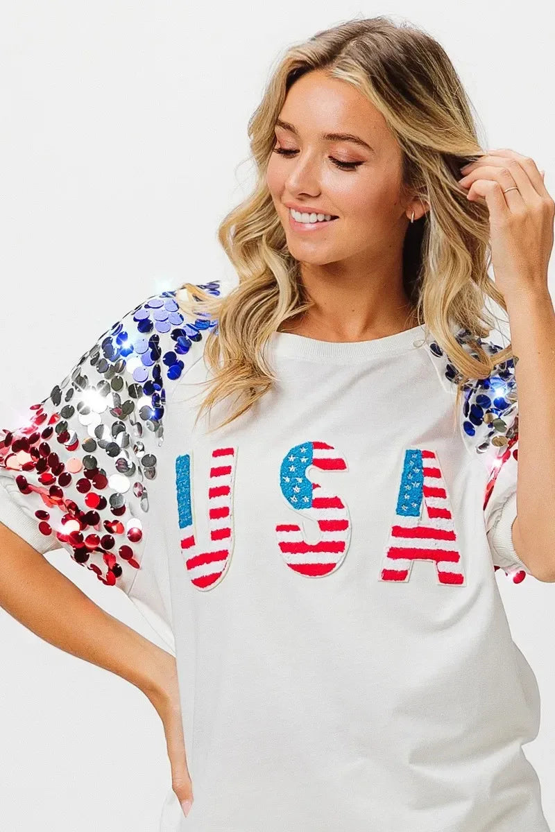 BiBi American Flag Theme Sequin Top - DAVERRI FASHIONS