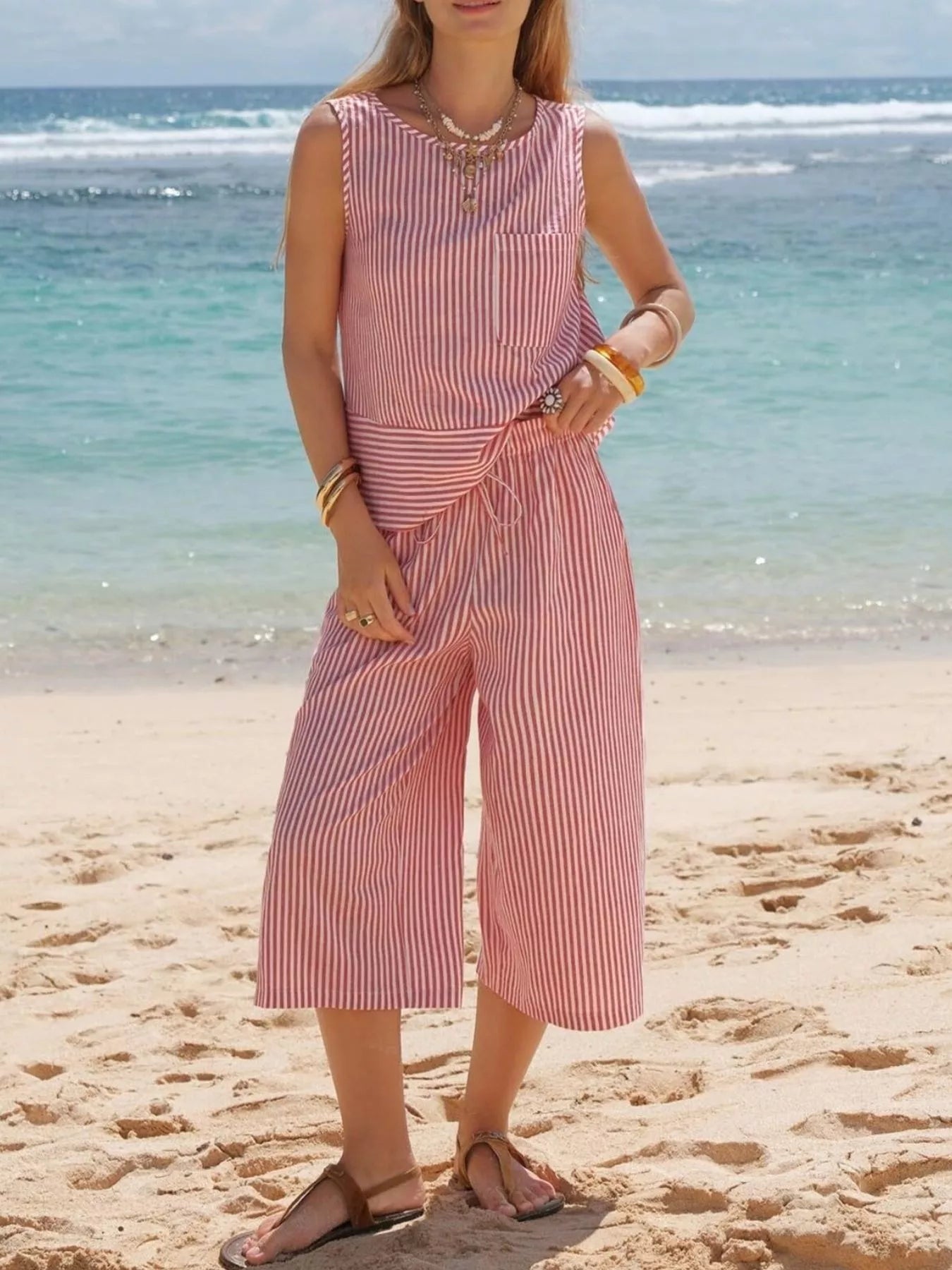 Daverri pink white striped sleeveless jumpsuit set