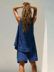 Casual Contrast Stitch Denim Tank Top and Shorts Set | Outfit Sets Daverri Fashions