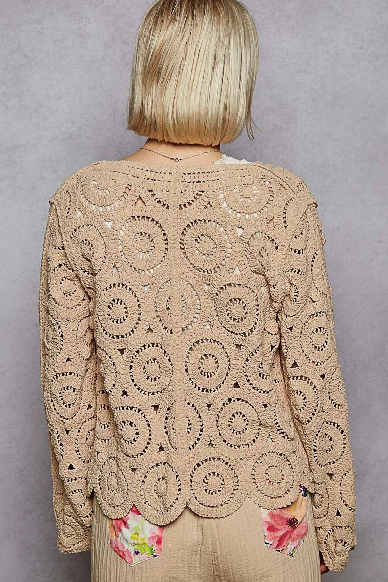 POL Button Down V-Neck Crochet Cardigan Cardigans