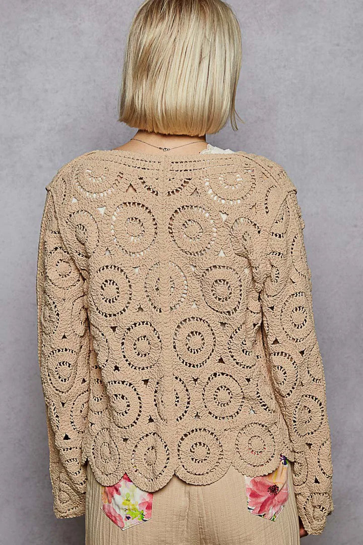 POL Button Down V-Neck Crochet Cardigan Cardigans