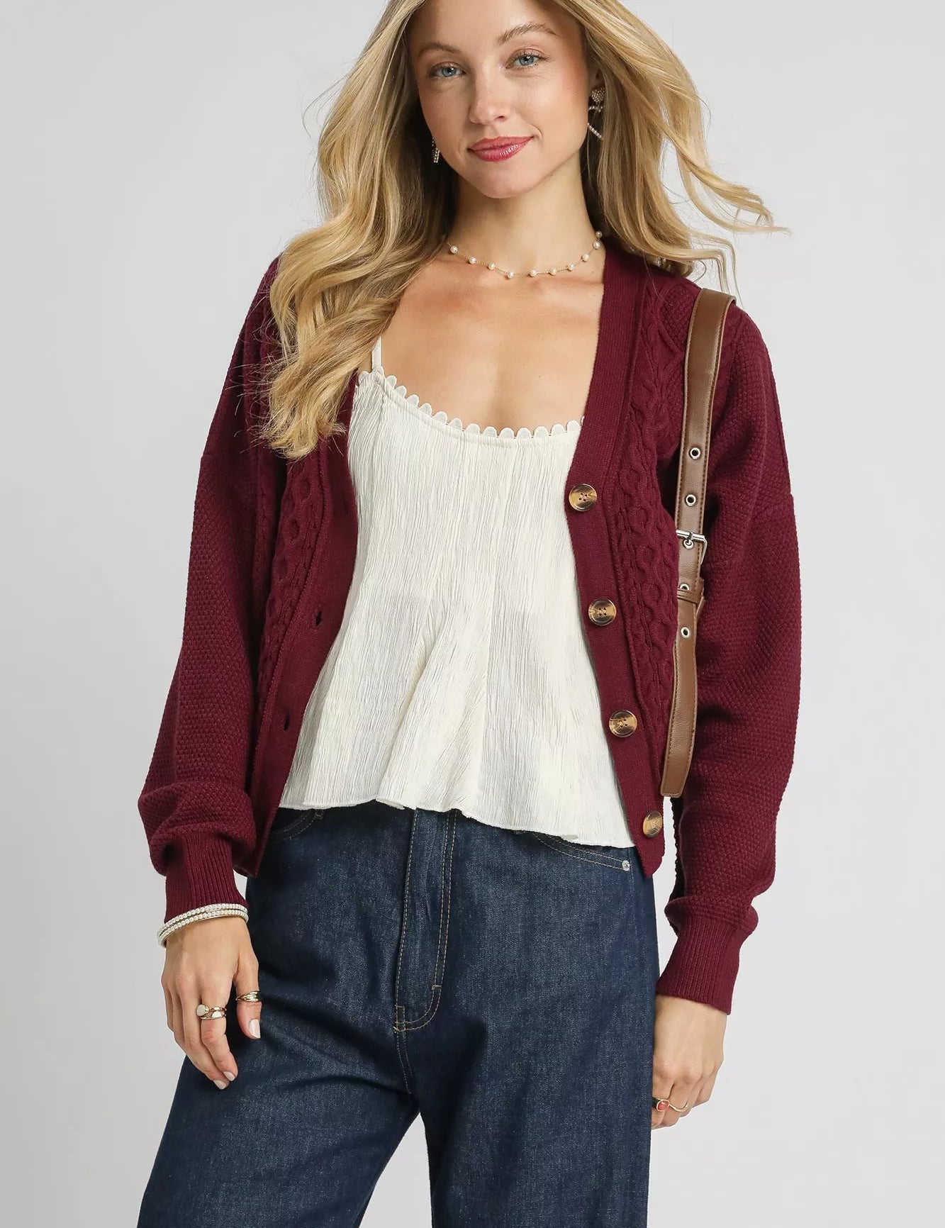 BURGUNDY Umgee Chunky Cable Knit V-Neck Button-Up Cardigan Burgundy | Cardigans Daverri Fashions
