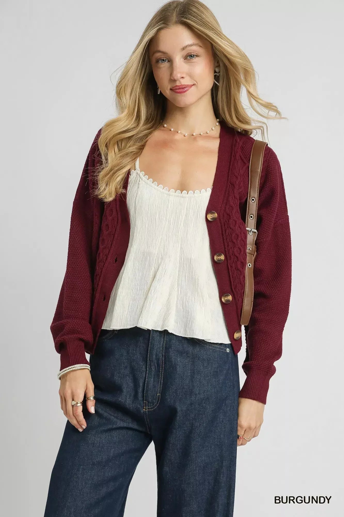 Umgee Chunky Cable Knit V-Neck Button-Up Cardigan Burgundy - DAVERRI FASHIONS