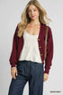Umgee Chunky Cable Knit V-Neck Button-Up Cardigan Burgundy - DAVERRI FASHIONS