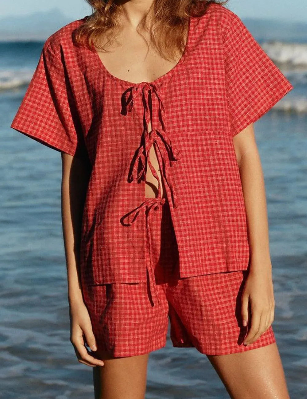 Plaid Tied Scoop Neck Short Sleeve Top and Drawstring Shorts Set | Outfit Sets Daverri Fashions