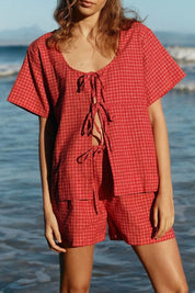 Plaid Tied Scoop Neck Short Sleeve Top and Drawstring Shorts Set | Outfit Sets Daverri Fashions