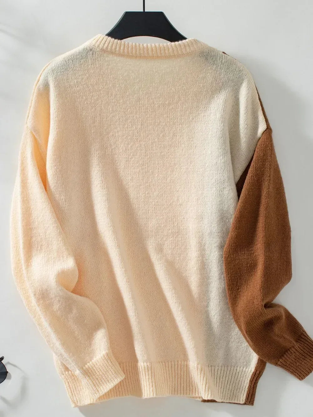 Two Tone Cable Knit Round Neck Long Sleeve Sweater - DAVERRI FASHIONS