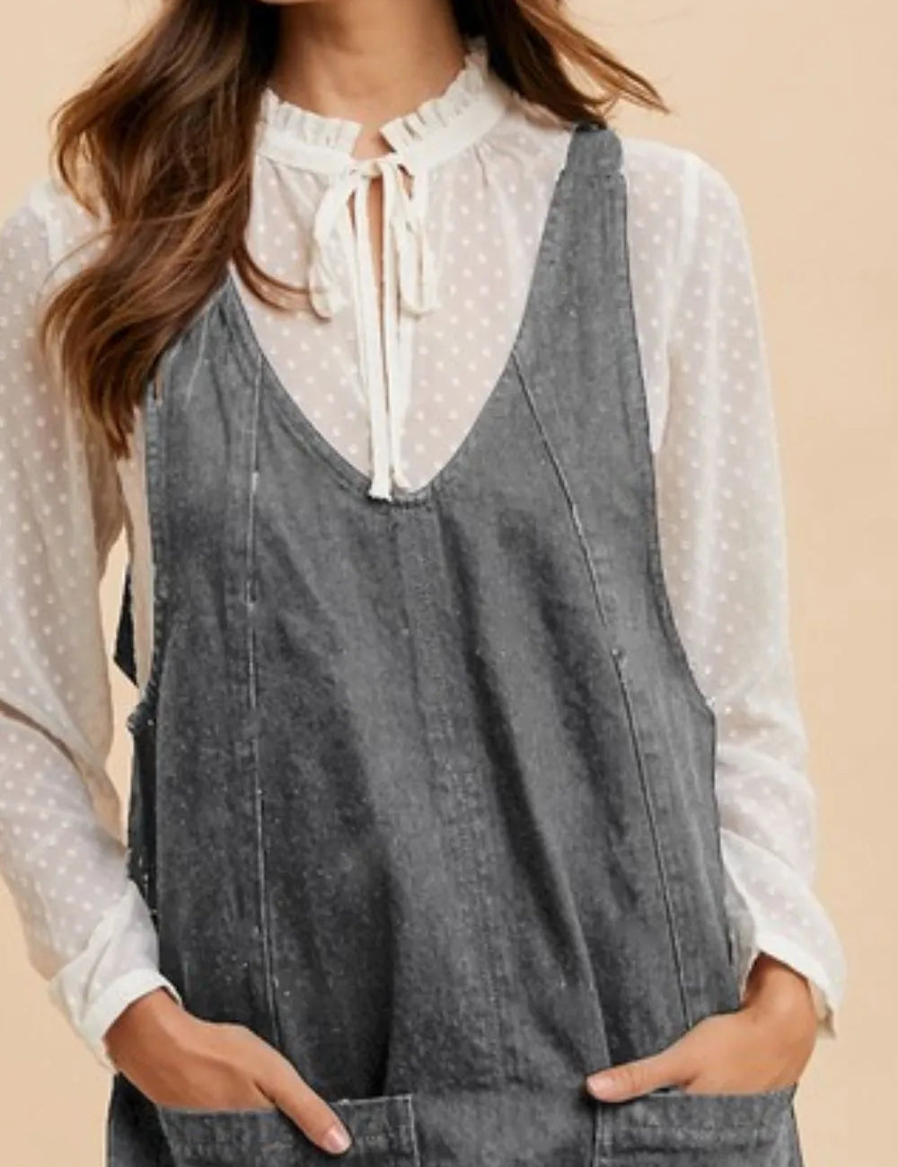 Annie Wear V-Neck Adjustable Strap Denim Overall Dress with Pockets | Daverri Fashions