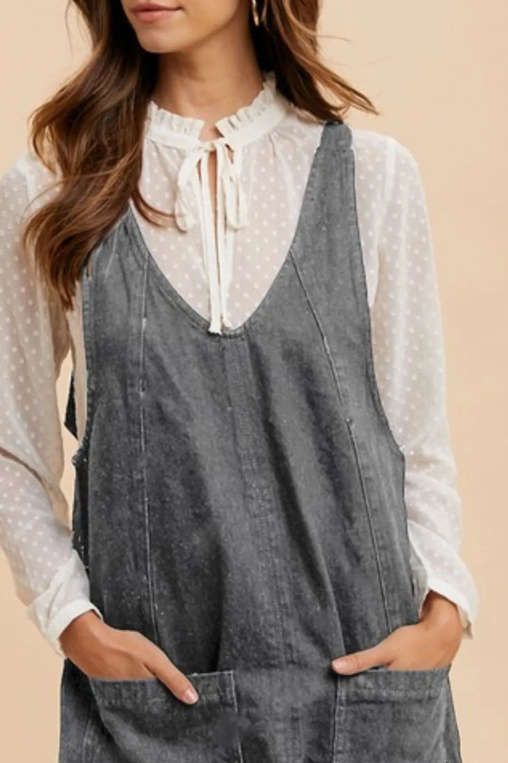 Annie Wear V-Neck Adjustable Strap Denim Overall Dress with Pockets | Daverri Fashions