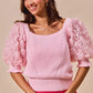 SO ME rosette sleeves square neck pink knit top with ruffled floral puff sleeves