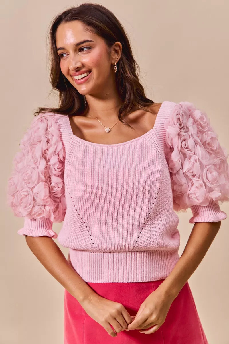 SO ME rosette sleeves square neck pink knit top with ruffled floral puff sleeves