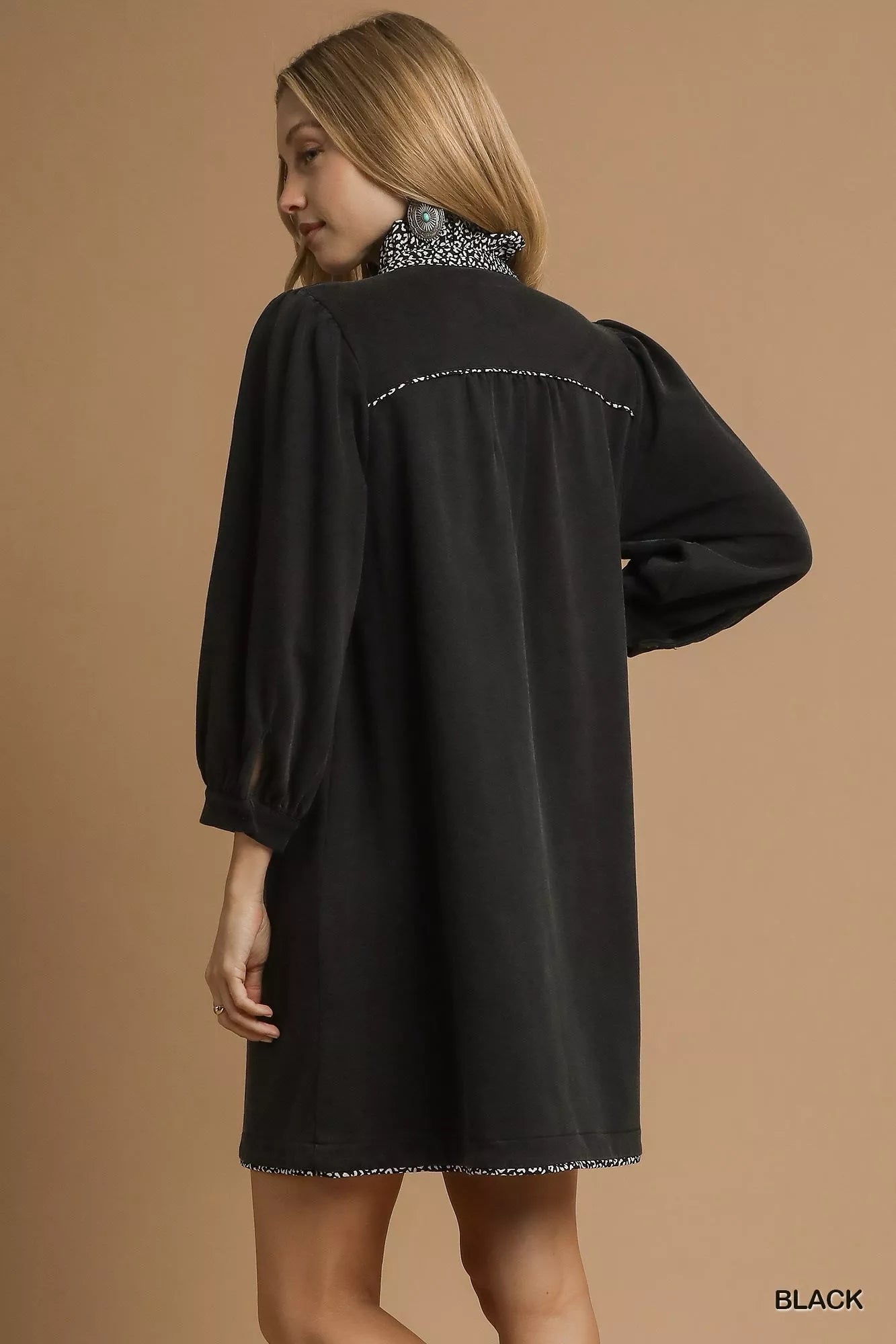Umgee French Terry Balloon Sleeve Shift Dress with Leopard Print Detail | Mini Dresses Daverri Fashions