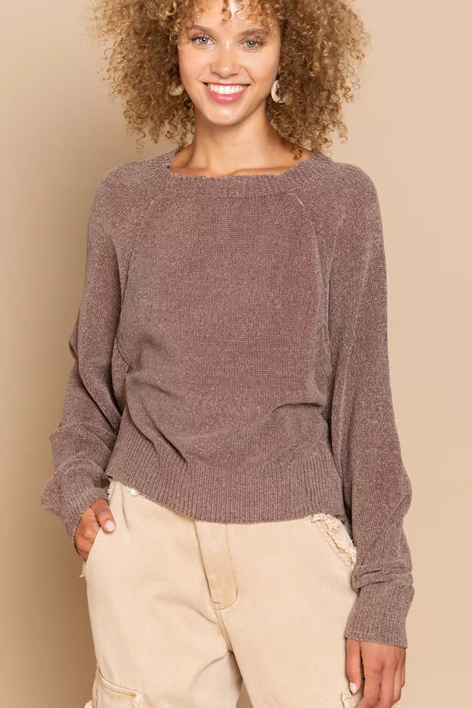 POL Round Neck Backless Sweater with Ribbed Edge | Sweaters Daverri Fashions