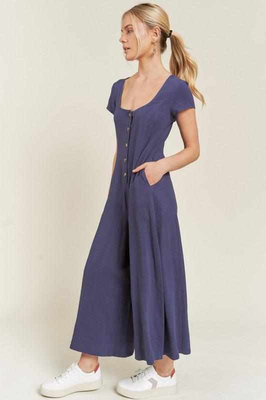 Button Down Short Sleeve Linen Jumpsuit Jumpsuits