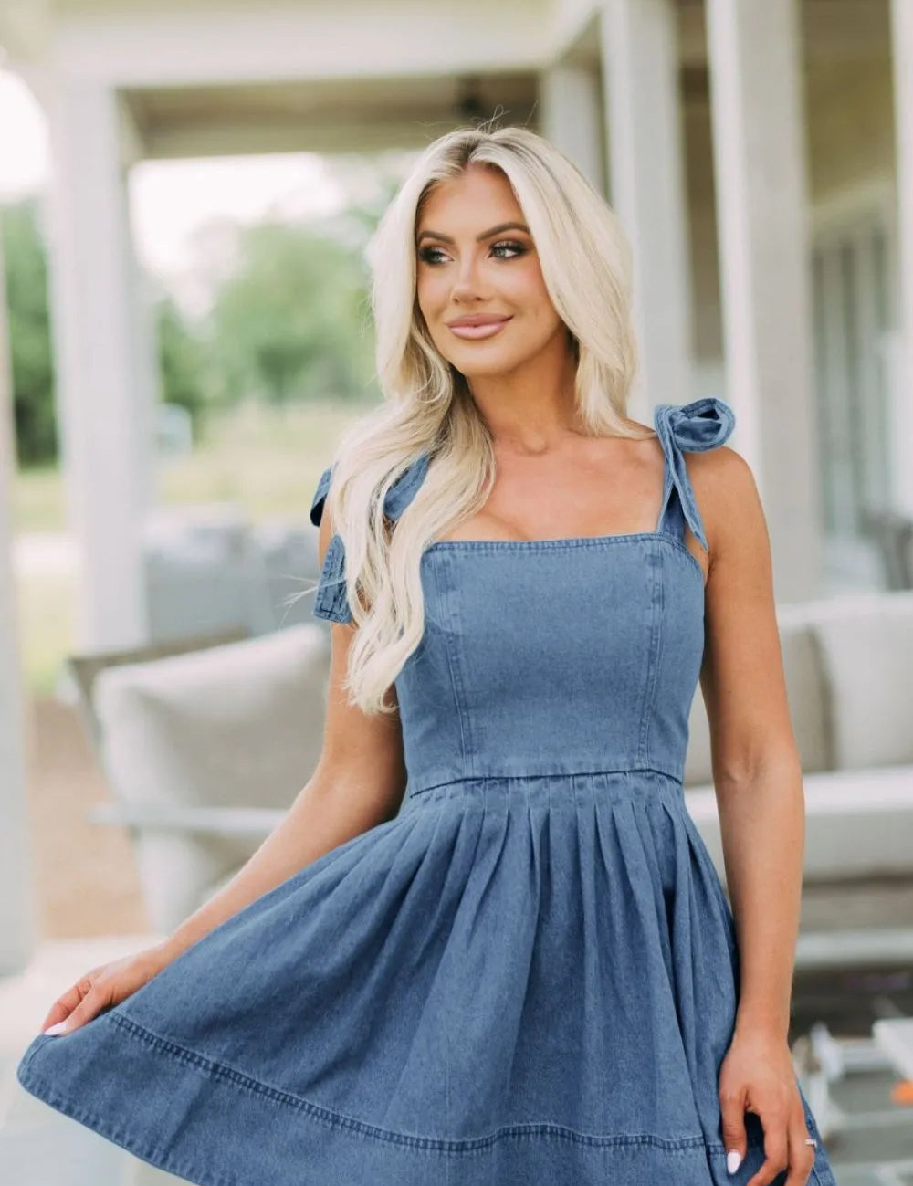 Square Neck Tie Shoulder Denim Dress | Mini Dresses Daverri Fashions