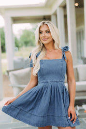 Square Neck Tie Shoulder Denim Dress | Mini Dresses Daverri Fashions