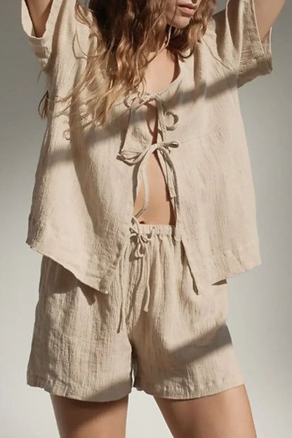 Plaid Tied Scoop Neck Short Sleeve Top and Drawstring Shorts Set - DAVERRI FASHIONS