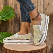 Rhinestone Round Toe Platform Loafers - DAVERRI FASHIONS