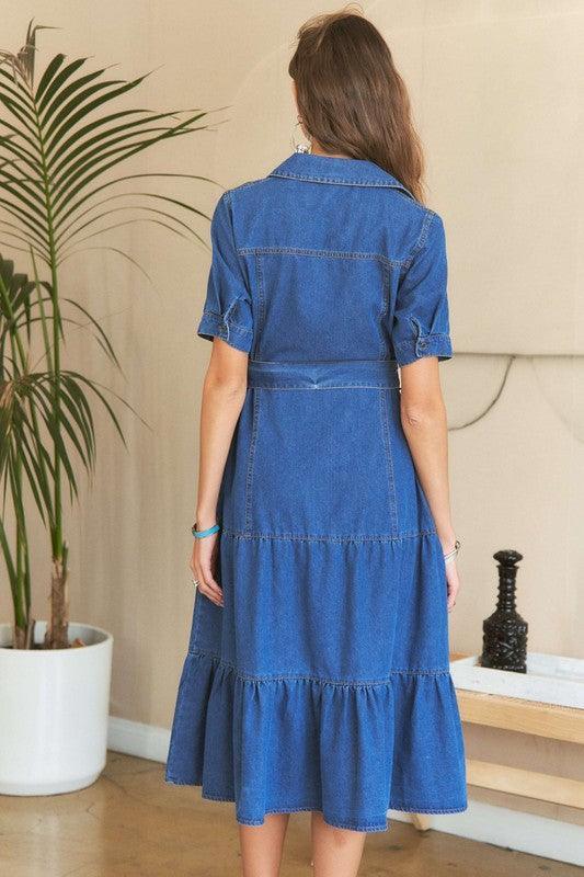 ADORA Tiered Button Down Tie Waist Short Sleeve Denim Dress - DAVERRI FASHIONS