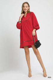 Umgee Textured Babydoll Dress with Leopard Trim | Daverri Fashions