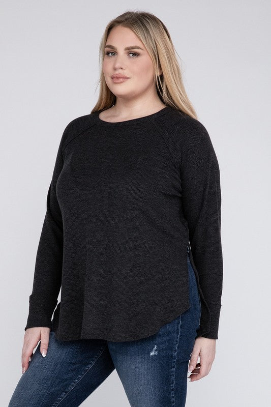 Plus Melange Baby Waffle Long Sleeve Top Plus Tops