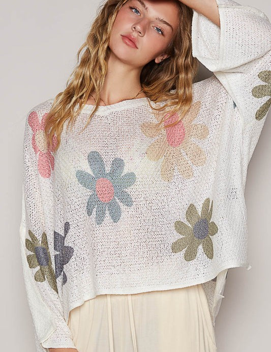 POL Flower Dropped Shoulder Long Sleeve Knit Top White