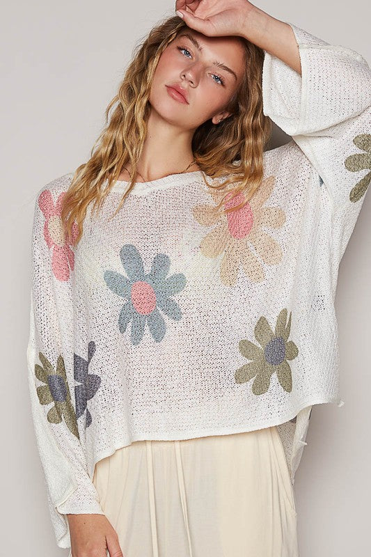 POL Flower Dropped Shoulder Long Sleeve Knit Top White