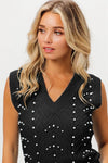 BiBi Chevron Pointelle Pearl Knit Top: black sleeveless V-neck with white pearls