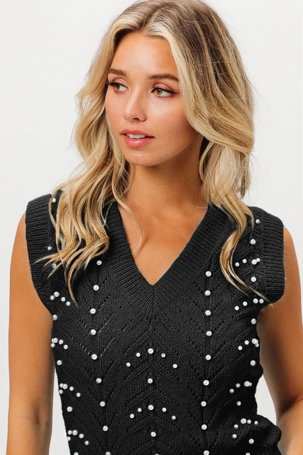 BiBi Chevron Pointelle Pearl Knit Top: black sleeveless V-neck with white pearls