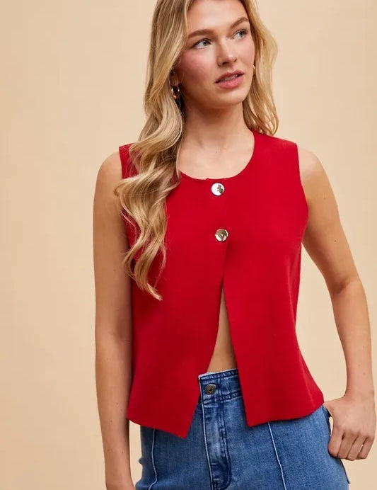 RED Annie Wear Metal Button Detail Crop Sweater Vest | Sweaters Daverri Fashions