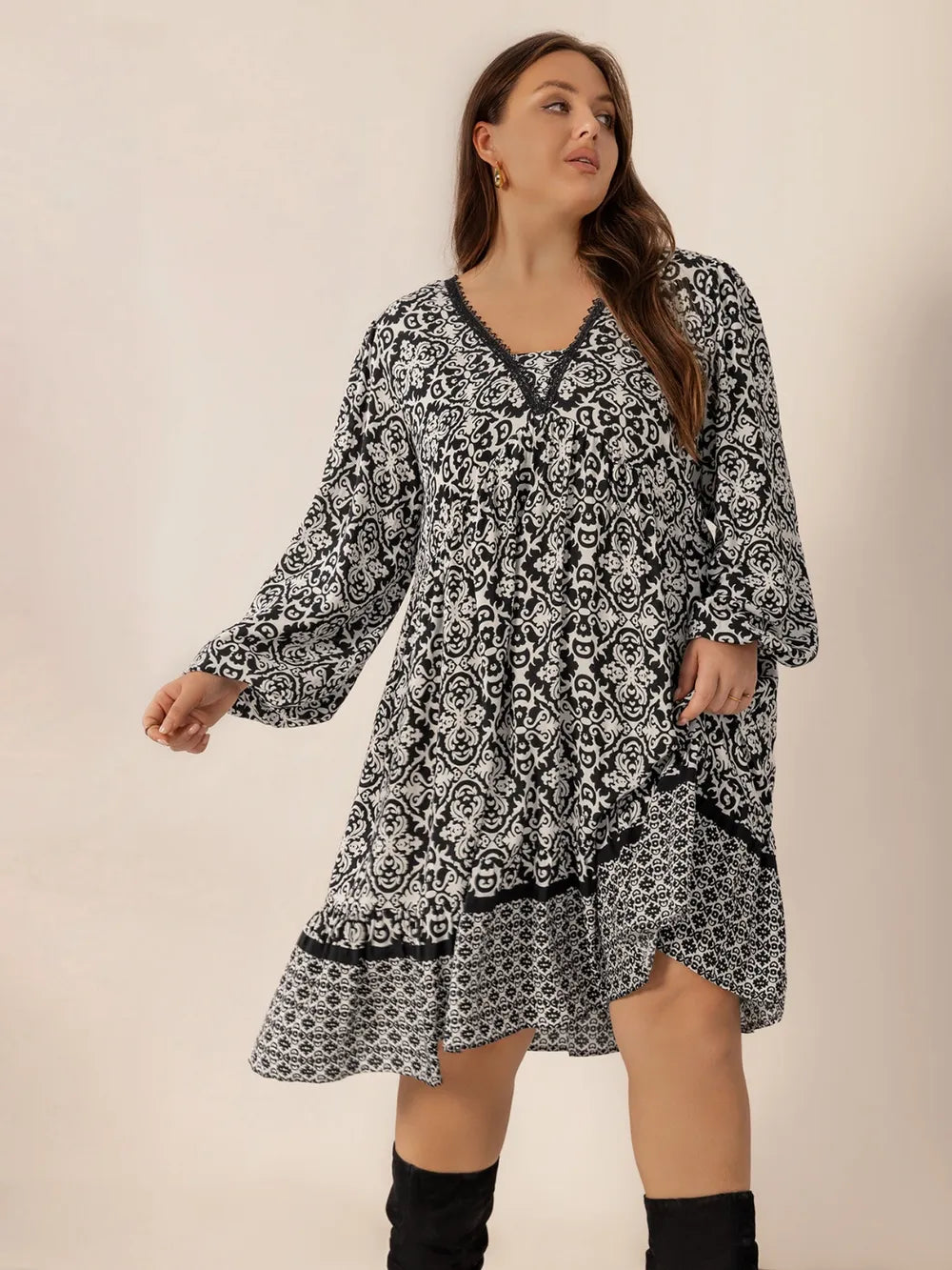 Plus Size Lace Detail Printed Balloon Sleeve Dress | Daverri Fashions