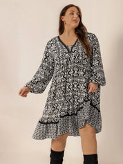 Plus Size Lace Detail Printed Balloon Sleeve Dress | Daverri Fashions