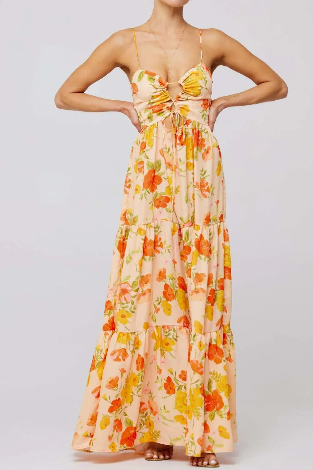 Floral print tie front tiered peach maxi dress with vibrant flowers