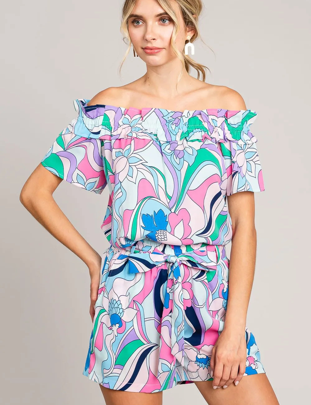Blue Cotton Bleu by Nu Label Abstracted Print Tie Front Shorts | Shorts Daverri Fashions
