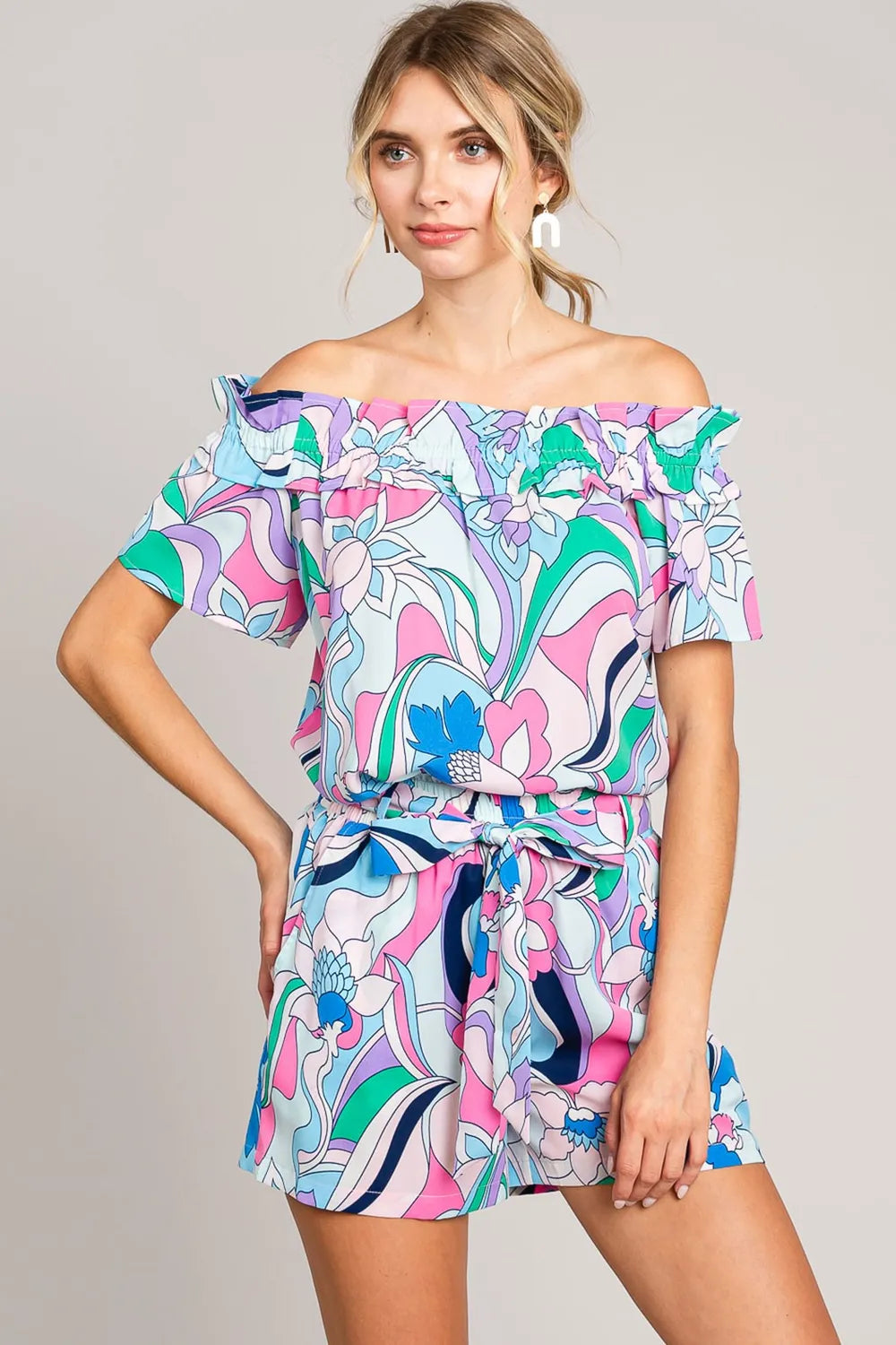 Cotton Bleu by Nu Label Abstracted Print Tie Front Shorts Blue Shorts